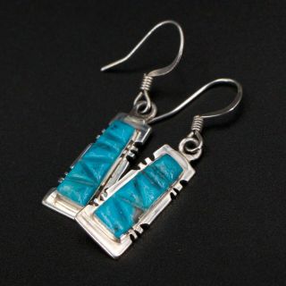 Vtg Sterling Silver - Navajo Carved Turquoise Stone Dangle Earrings - 5g
