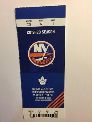 York Islanders Vs Toronto Maple Leafs November 13,  2019 Ticket Stub