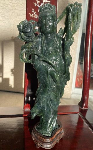 Old Chinese Carved Spinach Jade Jasper Guanyin Statue On Stand