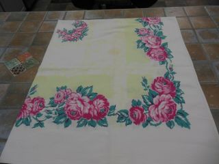 Vintage Mid - Century Tablecloth 45 X 53 Pink & Teal Pale Green Border Cotton