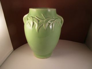 Vintage Mccoy Art Pottery Green Leaves Two Handled Vase