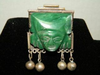 Awesome Vtg Heavy Old Mexican Sterling Silver Pin Green Onyx Tribal Mask Face