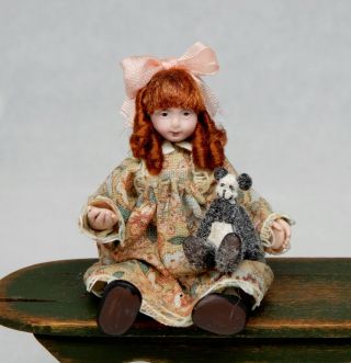 Vintage Ooak Girl Doll W Teddy Bear Artisan Dollhouse Miniature 1:12