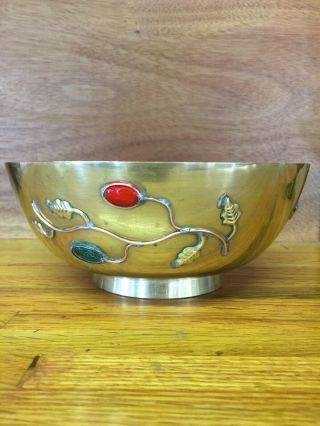Vintage 30s Chinese Brass Bowl Peking Glass Cabochon 6.  5 " X 2 3/4 " Green/red