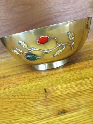 Vintage 30s Chinese Brass Bowl Peking Glass Cabochon 6.  5 