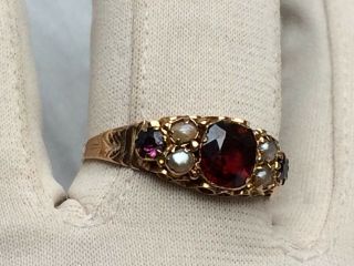 Antique Wwi Hallmarked Engraved 9ct Gold Garnet Pearl,  Amethyst Gemstone Ring T