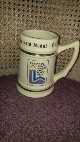 Vintage 1980 Xiii Olympic Winter Games Hockey Gold Medal Tankard Mug