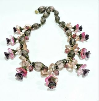 Vintage Peach Pink Purple Flowers Lampwork Art Glass Bead Necklace No19120