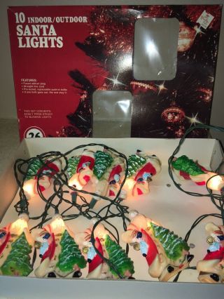 Blow Mold Santa Tree Gifts String Light Set 10 Christmas Vintage 3 1/2 "