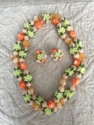 Vintage Acrylic Beaded Floral Necklace With Matching Clip - On Earrings