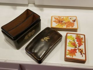 Vintage Florence Italy Leather Double Deck Playing Card Holder Box Leaf Cards