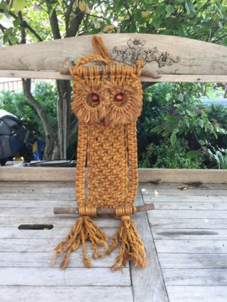 Vintage Brown Macrame Owl Wall Hanging Mid Century 40” Long Hand Made