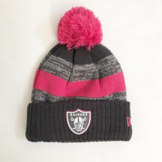 Nfl Raiders Womens Knit Beanie Pom Hat Pink & Gray Breast Cancer Awareness Osfa