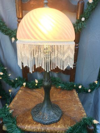 Big Vintage Victorian Style Table Lamp Glass Shade Beaded Fringe