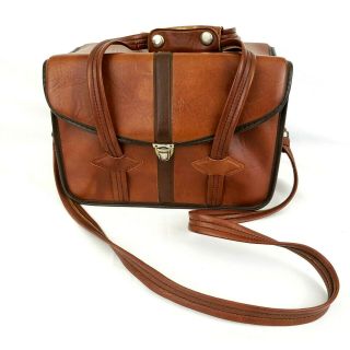 Vintage Brown Faux Leather Luggage Camera Bag Locking Case Shoulder Strap Travel