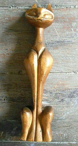 Vintage Mid Century Hand Carved Wood Siamese Cat Figurine 10 " High Folk Art