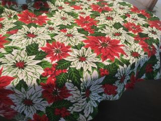 Vintage Fabric Tablecloth Red White Christmas Poinsettia 60”x 84” Holiday