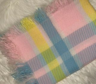 Vintage 100 Acrylic Fringe Baby Blanket Unisex Pink Blue Yellow White Plaid