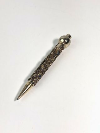 Vintage Mini Mechanical Pencil Jeweled Blue Rhinestone Gold Tone Metal Scrolls