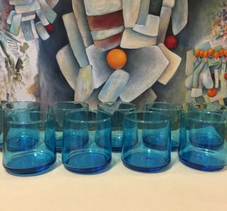 Mid Century Modern Drinking Glasses Turquoise Blue 8 Oz.  Set Of 9