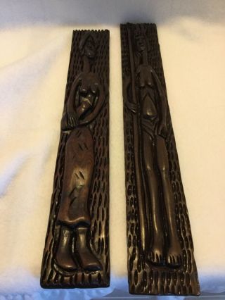 Vintage 2 Wooden Hand Carved Tribal Sculpture African Art Wall Plaque Man Woman
