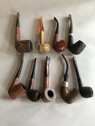 Nine Vintage Tobacco Pipes And Hand Made Wood Holder