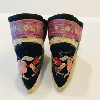 Antique Chinese Japanese Asian Silk Foot Binding Shoes Handmade Birds Flowers 2