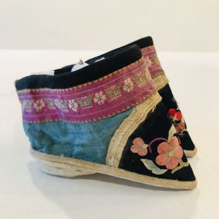 Antique Chinese Japanese Asian Silk Foot Binding Shoes Handmade Birds Flowers 3