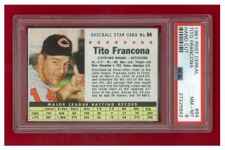 1961 Post Cereal 64 Tito Francona Hand Cut Psa 8 Nm - Mt 1 Of 3 One Higher