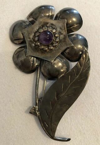 Sterling Silver Amethyst Brooch Pin Flower Vintage Antique Art Nouveau 925