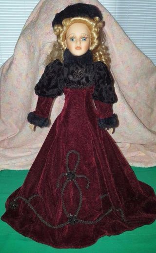 Vintage Porcelain Doll Blonde Blue Eyes 17 Inch Velvet Holiday Dress With Stand