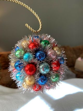 Vintage Handmade Crafted Christmas Balls Tinsel Mini Glass Balls 1950s X 5
