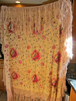Antique 19th C.  Peach Silk Piano Shawl Scarf Embroidered Floral Large Victorian