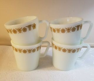 4 Vintage Pyrex Corelle Butterfly Gold Coffee Mugs 8oz Glass Cups D Handle