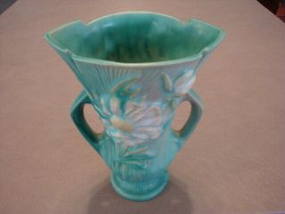 Vintage 1940 ' s ROSEVILLE Pottery USA Peony 2 Handle Green/Blue VASE 60 - 7 2