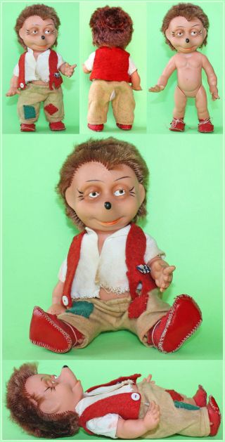 9.  5 " Vintage Large German Mecki Hedgehog Figurine Rubber Doll,  Felt Dress 1950 