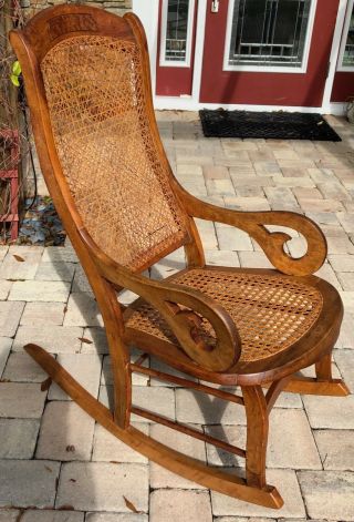Antique American Walnut Rocking Chair caned seat & back 2