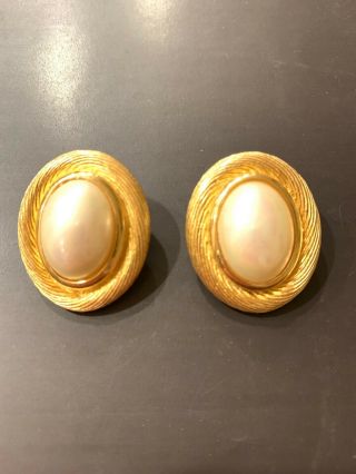 Vintage Christian Dior Signed Faux Pearl And Gold Tone Earrings Clip On