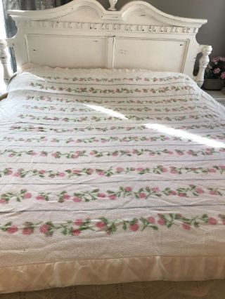 Vintage Chatham Purrey Moss Rose Blanket Shabby Chic Satin Trim Full