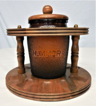 Vintage Dun - Rite Wood 10 Pipe Stand With Dun - Rite Amber Duraglas Humidor