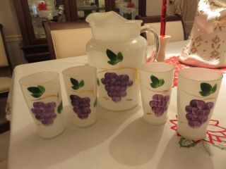 Vtg Bartlett Collins Gay Fad White Frosted Glass Pitcher & 4 Tumblers Grapes Euc
