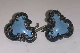 Antique Victorian Sterling Silver & Aqua Blue Enamel Cufflink Cuff Lin