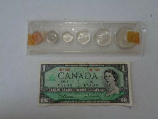 Vintage 1867 - 1967 Canadian Centennial (6) Coins Set,  One Dollar Bill