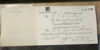 Vintage 1918 Detroit Athletic Club Temporary Membership Card Kelsey