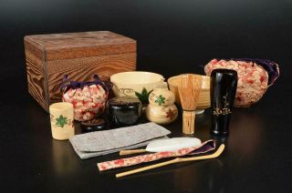 A2837: Japanese Wooden Tea Ceremony Box Chabako Bowl Tea Caddy Spoon