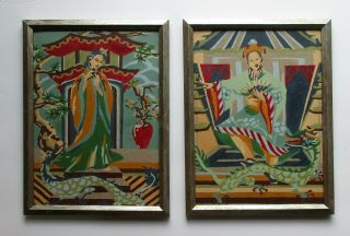 Vintage Pair Paint By Number Pictures Japanese Oriental Man Lady 9 " X 12 " Framed