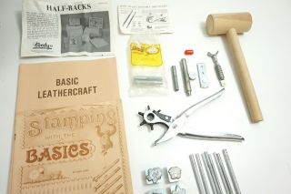 Vintage Tandy Leather Craft Kit With Various Tools Punch Stamps Carving Etc.