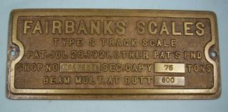 Antique Brass Fairbanks Scales 1921 Industrial Machinery Plaque Sign Nameplate