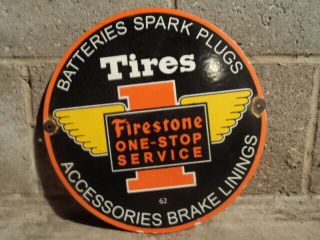 Vintage Firestone Porcelain Enamel Sign Tires Spark Plugs Batteries Brakes Parts