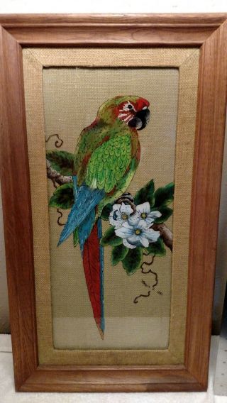 Vtg Signed Glass Art Rustic Wall Decor Wood Frame Painting Parakeet Parrot Bird